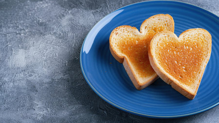 This image features two heart-shaped slices of toast placed on a vibrant blue plate. Ideal for conveying love and warmth in breakfast settings, it captures culinary creativity and charm.の素材