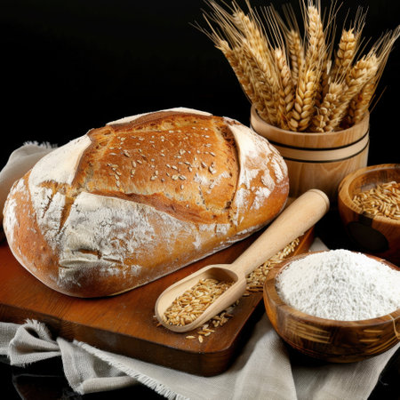 A rustic loaf of bread rests on a wooden surface surrounded by wheat grains and flour, showcasing a warm and inviting kitchen scene.の素材