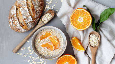 Bright and inviting breakfast scene featuring a bowl of oatmeal topped with fresh orange slices, artisan bread, and natural ingredients on a textured background.の素材