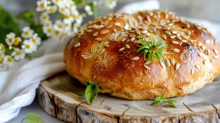 A beautifully baked round bread topped with seeds and fresh herbs, resting on a rustic wooden board. Delicate flowers surround the bread, creating an inviting atmosphere perfect for sharing.の素材
