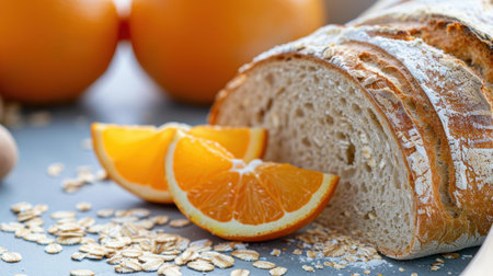 This image features freshly sliced bread accompanied by vibrant orange slices and oats on a blue surface, embodying a healthy breakfast option and lifestyle.の素材