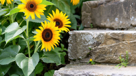This beautiful image features bright yellow sunflowers growing alongside weathered stone steps, showcasing a serene garden atmosphere filled with nature's beauty.の素材
