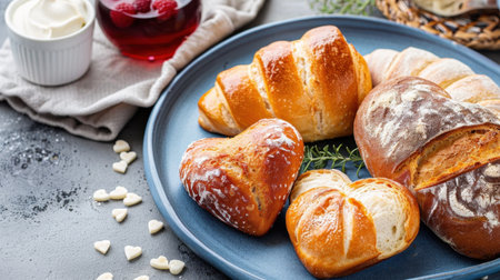 A beautifully arranged plate of assorted freshly baked bread rolls, including heart shapes, served with a refreshing raspberry drink and creamy topping, perfect for any meal.の素材