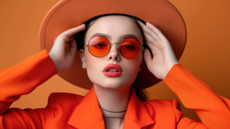A striking portrait featuring a fashionable young woman with bold orange accessories, displaying confidence and style against a vibrant orange backdrop.の素材