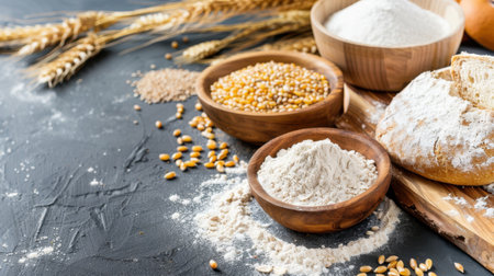 A beautiful arrangement of various grains, flour, and rustic bread on a kitchen counter, showcasing the essence of wholesome cooking and baking.の素材