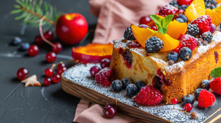A beautifully arranged freshly baked cake, topped with a medley of vibrant berries and peaches, exuding a mouthwatering appeal ideal for any celebration.の素材