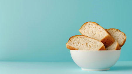 This image features freshly sliced soft bread in a white bowl set against a light blue background, embodying simplicity and culinary charm. Ideal for food blogs, menus, or kitchen decor.の素材