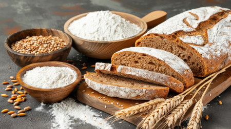 A rustic wooden table displays freshly baked artisan bread, bowls of flour and grains, and wheat ears, creating an inviting atmosphere for food lovers.の素材