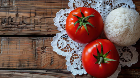 A vibrant arrangement of ripe red tomatoes and a serving of basmati rice on a rustic wooden table adorned with a delicate lace doily. Ideal for culinary inspiration.の素材