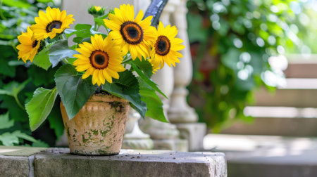 A beautiful arrangement of sunflowers in a vintage pot brings charm to any outdoor setting, showcasing nature's beauty against a lush green backdrop.の素材