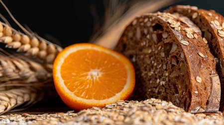 A visually appealing arrangement of freshly baked bread topped with oats, paired with a vibrant orange slice and surrounded by wheat stalks and oats.の素材
