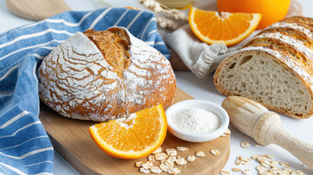 Captivating composition featuring freshly baked artisan bread beside vibrant oranges and natural ingredients on a rustic cutting board.の素材