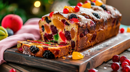 A stunning fruit cake featuring vibrant colors and an array of sweet ingredients. Perfect for festive gatherings and holiday celebrations, this delicious dessert is sure to impress.の素材