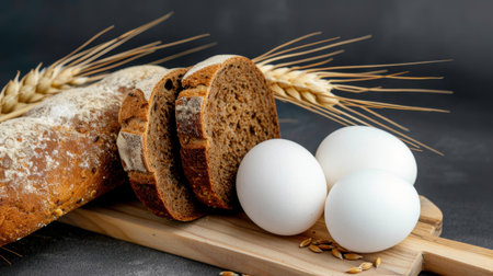 A beautifully arranged still life featuring freshly baked bread slices, white eggs, and wheat grains on a wooden board, perfect for breakfast themes.の素材