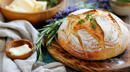 A beautifully arranged scene featuring freshly baked artisan bread, creamy butter, and fragrant herbs, perfect for conveying the warmth of homemade meals.の素材