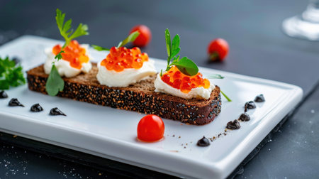 A stunning gourmet appetizer featuring dark bread topped with creamy cheese, caviar, and fresh herbs, elegantly arranged for food lovers.の素材