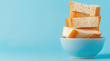 This image features freshly cut slices of bread stacked neatly in a light blue bowl against a soft blue background, highlighting warmth and simplicity.の素材