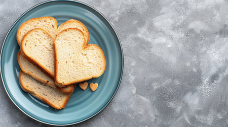 A delightful arrangement of heart-shaped slices of bread on a blue plate, accompanied by small decorative hearts, perfect for showcasing love in culinary art.の素材