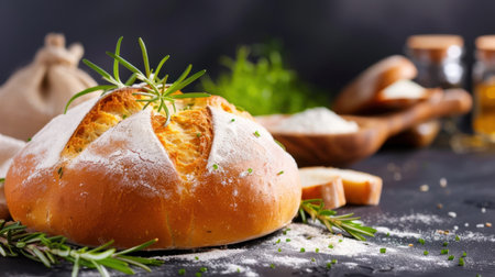 A stunning display of freshly baked artisan bread garnished with rosemary on a dark surface, surrounded by ingredients, conveying warmth and culinary creativity.の素材