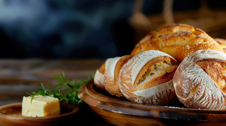 A beautifully arranged platter of freshly baked artisan bread, featuring various crusty loaves, creamy butter, and aromatic herbs, perfect for any meal.の素材