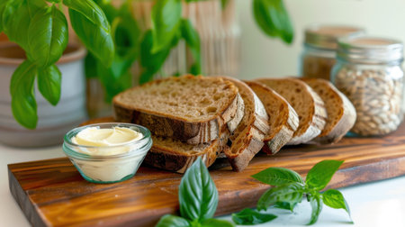 This image showcases freshly sliced whole grain bread, butter, and fresh basil arranged on a rustic wooden cutting board, perfect for culinary inspiration.の素材