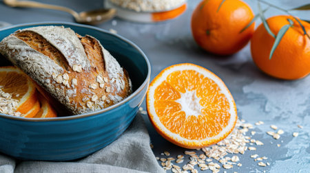 A beautifully arranged bowl of freshly baked oat bread alongside vibrant orange slices and whole oranges, perfect for a healthy breakfast setting.の素材