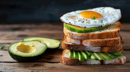 A delicious sandwich featuring crispy toast layered with fresh avocado slices and topped with a sunny side up egg, perfect for breakfast or brunch.の素材