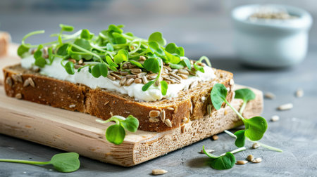 This image showcases a slice of fresh bread topped with creamy spread and adorned with vibrant sprouts, emphasizing healthy eating and wholesome ingredients.の素材