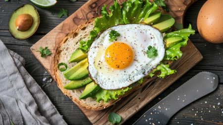 A vibrant avocado toast topped with a perfectly fried egg, placed on a wooden board. This wholesome meal showcases fresh ingredients and garnishes.の素材