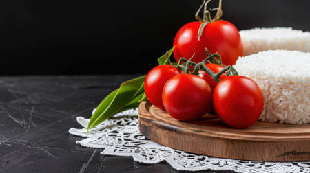 A vibrant arrangement featuring fresh red tomatoes and steamed rice on a rustic wooden plate. The dish is enhanced by green leaves and lace, creating a charming culinary presentation perfect for food lovers.の素材