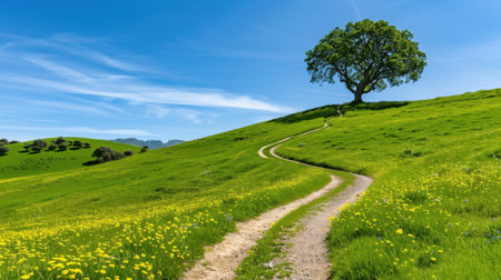 A picturesque landscape featuring a vibrant green field, a solitary tree, and a winding dirt path that invites exploration under a clear blue sky.の素材