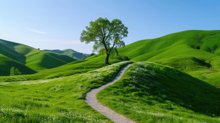 A breathtaking landscape featuring a vibrant green hill, a single tree, and a winding path. The scene evokes a sense of peace and tranquility ideal for relaxation and exploration.の素材