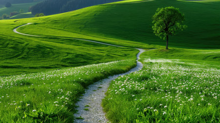 Explore a tranquil scene featuring a winding pathway through lush green fields, with a solitary tree standing tall under the bright sky.の素材