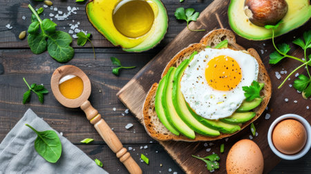 This vibrant image features a delicious avocado toast topped with a perfectly cooked egg, garnished with fresh greens, ideal for healthy breakfast inspiration.の素材