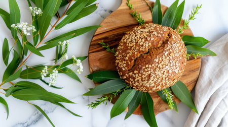 A beautifully styled image of freshly baked oat bread placed on a wooden board, surrounded by green leaves and delicate white flowers, evoking a cozy ambiance.の素材