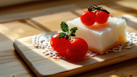 This captivating image features a refreshing coconut jelly dessert paired with cherry tomatoes and green garnish, beautifully illuminated by sunlight on a wooden table.の素材