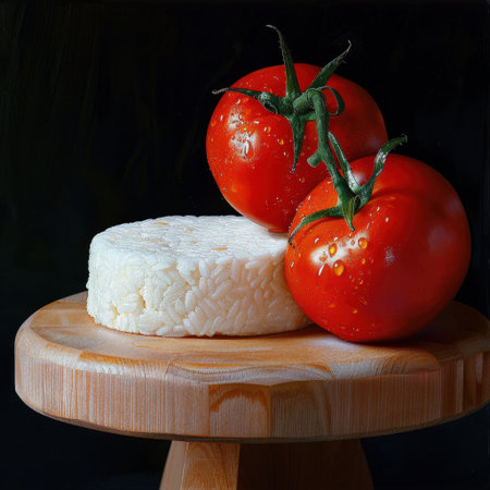 Fresh organic tomatoes sit next to a creamy cheese wheel on a wooden stand, creating a delightful and vibrant culinary display perfect for any kitchen setting.の素材