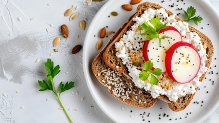 A delightful arrangement of bread topped with creamy cottage cheese and fresh radish slices, garnished with parsley, perfect for a healthy breakfast or snack.の素材