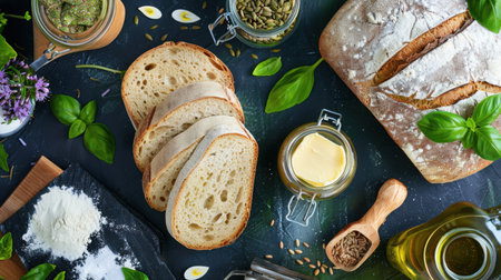 This beautifully arranged still life features freshly baked bread alongside natural ingredients such as herbs, seeds, and olive oil, perfect for culinary inspiration.の素材
