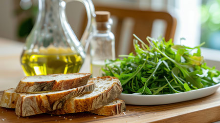 A beautiful arrangement featuring slices of fresh bread, a bottle of olive oil, and a vibrant salad of arugula on a rustic wooden table, emphasizing healthy cooking and fresh ingredients.の素材