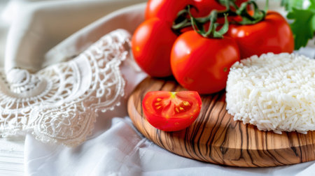 A vibrant composition featuring fresh red tomatoes and white rice on a rustic wooden cutting board, surrounded by elegant linen. Perfect for culinary inspiration.の素材