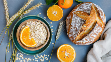 A delightful arrangement of fresh bread, oats, and citrus fruits on a blue surface, surrounded by wheat and linen cloth, perfect for a healthy breakfast theme.の素材