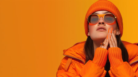 A trendy young woman showcases a vibrant orange outfit, complete with sunglasses and a beanie, set against a warm, colorful backdrop.の素材