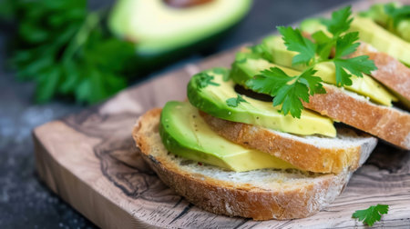 Enjoy a vibrant image of fresh avocado toast topped with creamy avocado slices and green garnish, perfect for a healthy breakfast or snack choice.の素材