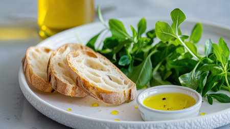 A delightful arrangement featuring freshly sliced artisan bread accompanied by vibrant salad greens and a small bowl of olive oil, perfect for a light meal.の素材
