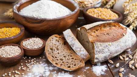 This image showcases freshly baked artisanal bread accompanied by a variety of grains and flour arranged on a rustic wooden table. Ideal for culinary inspiration.の素材