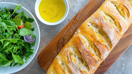 This vibrant food photography captures a freshly baked artisan bread accompanied by olive oil and a colorful salad, creating a healthy and appetizing meal.の素材