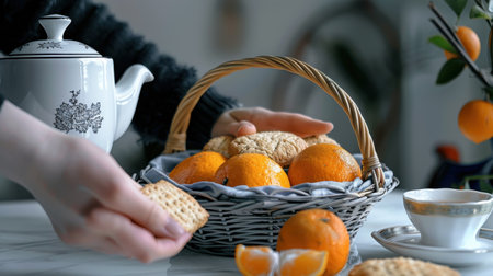 A cozy scene featuring a basket of fresh oranges and delicious cookies, complemented by a tea service, perfect for breakfast or afternoon snacks.の素材
