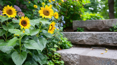 A close-up view of sunflowers standing tall next to stone steps, showcasing the vibrant colors and lush greenery of a picturesque garden setting.の素材