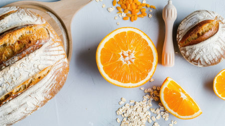 A beautifully arranged composition featuring freshly baked artisan bread, juicy orange slices, and whole oats on a serene light blue background.の素材
